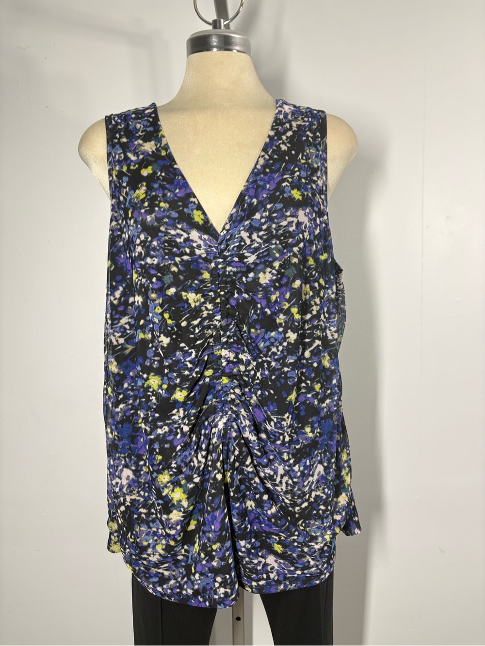 Addition Elle Floral Ruched V-Neck Tank Top - Black, Blue & Yellow